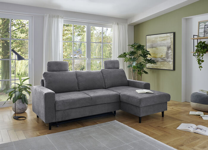 Polsterecke mit Bettfunktion und Longchair ANTHRAZIT