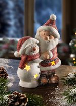 Beleuchteter Weihnachts- und Schneemann aus Keramik 
