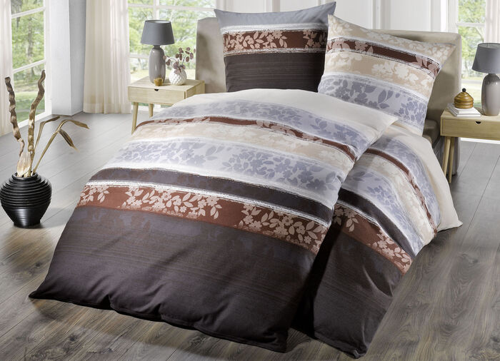 Bettw&auml;sche-Garnitur mit Bl&auml;ttermotiven BRAUN
