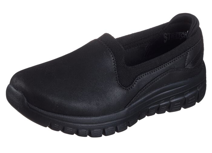SKECHERS, klassiche Damen-Slipper, aus Synthetik und elastischem Strick-Material SCHWARZ