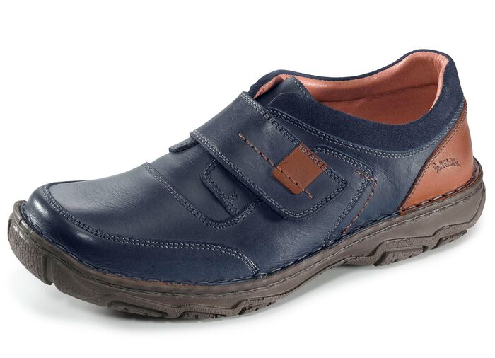 Klett-Slipper mit Kontrast-Eins&auml;tzen BLAU-COGNAC