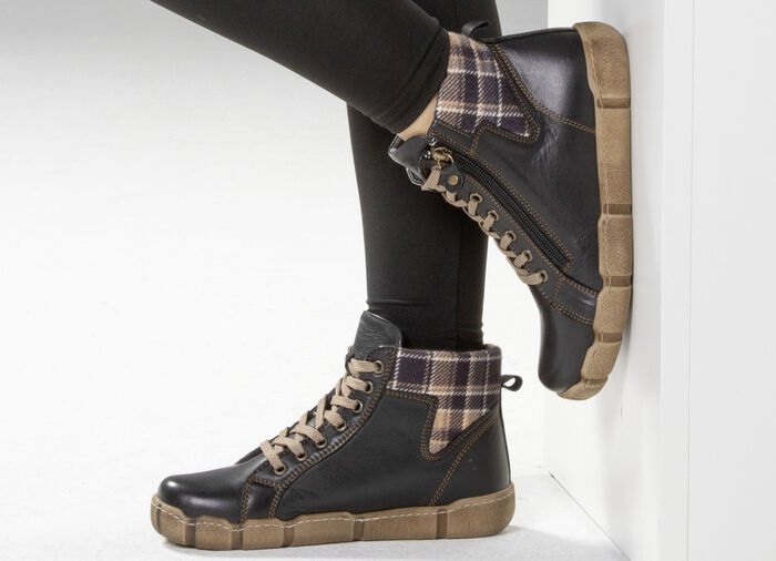 Andrea Conti Schnür-Bootie mit Schaftrand aus kariertem Textil SCHWARZ-BRAUN