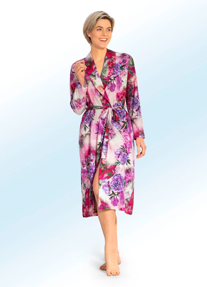 Hausmantel mit Blumen- und Bl&auml;tter-Dessin 