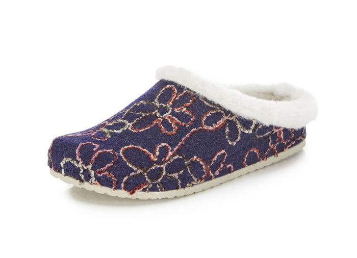 Mubb Wollfilz-Pantoffel mit bunter Blüten-Stickerei MARINE-ECRU