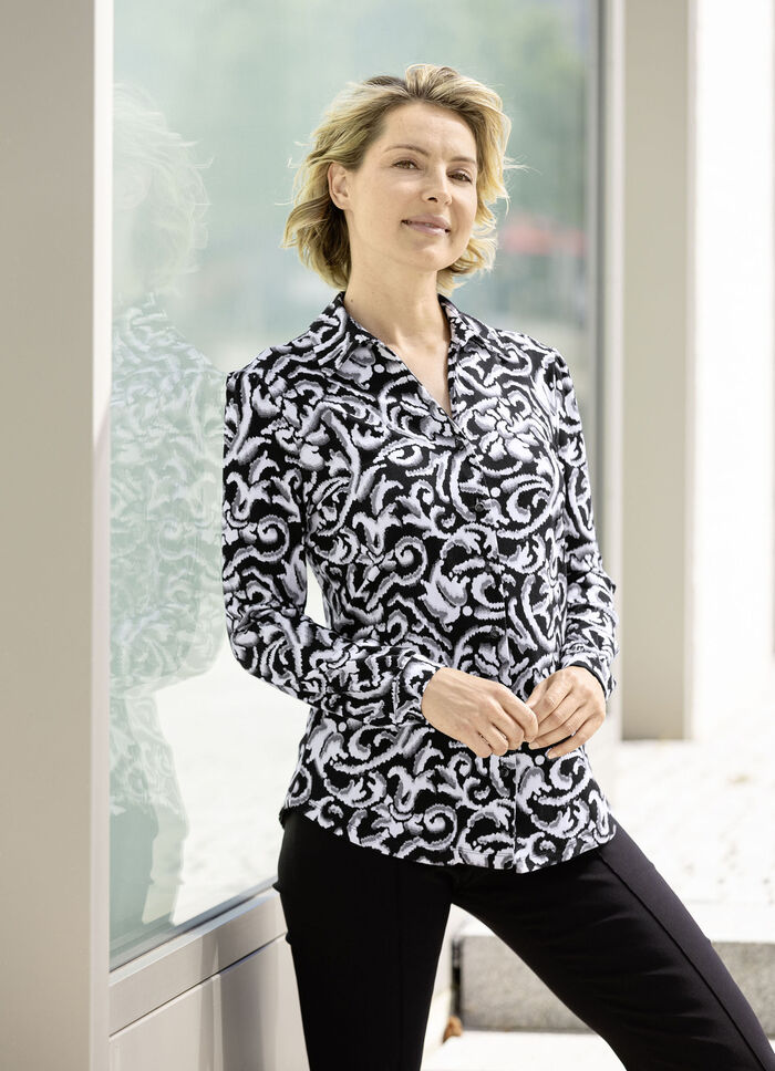 Shirtbluse mit durchgehender Knopfleiste in 2 Farben SCHWARZ-GRAU