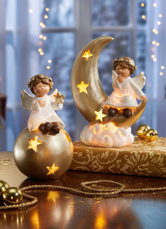 Beleuchteter Engel aus Keramik WEISS-GOLD