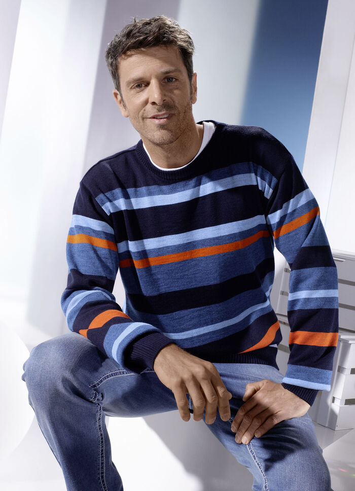 Legerer Rundhalspullover MARINE-JEANSBLAU-ORANGE GESTREIFT