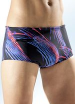 Badehose in h&ouml;herer Slipform mit buntem Druckdessin allover SCHWARZ-BLAU-ROT