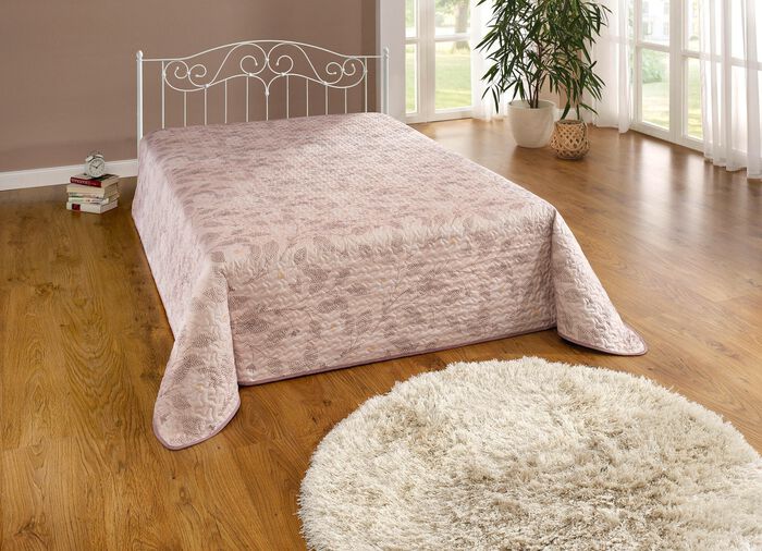 Naturnahe Tagesdecke und Kissenbez&uuml;ge mit Bl&auml;tterranken-Dessin ROS&Eacute;