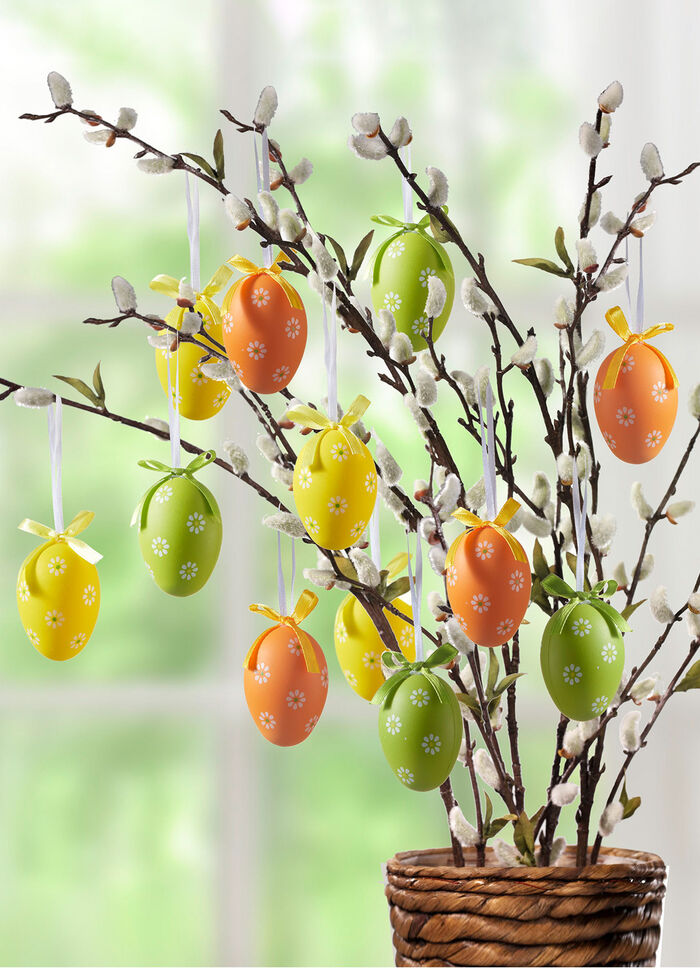 Ostereier mit frühlingshaftem Motiv, 12er-Set GELB-GRÜN-ORANGE