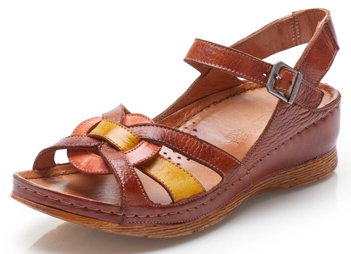 Gemini, klassische Damen-Sandalen, Weite G, mit Gummizug COGNAC-BUNT