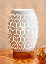 Tischleuchte mit Metall-Lampenschirm und Holz-Sockel WEISS